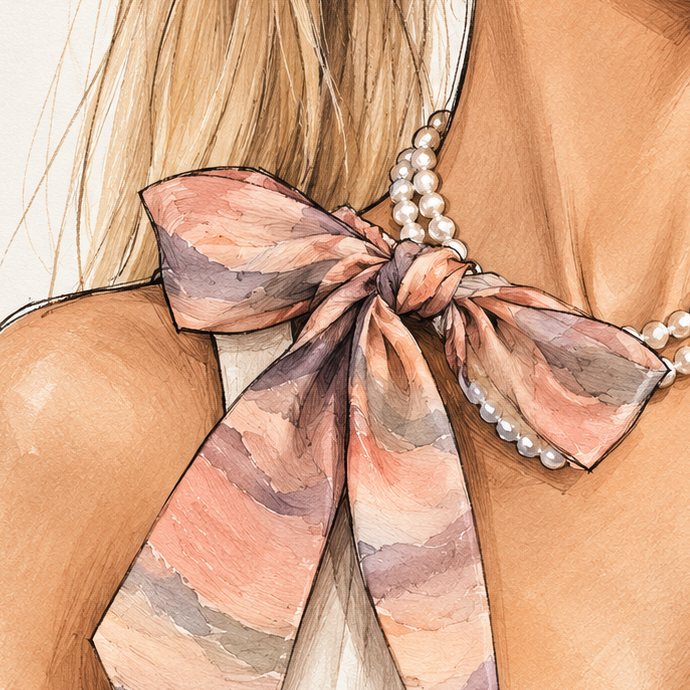 A twilly tied in a bow with pearls