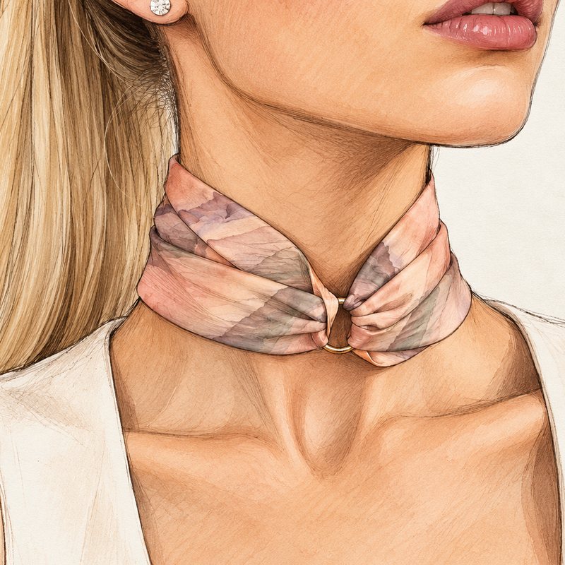 A twilly worn close at the neck through a gold ring